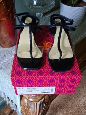 Tory Burch Black Patent T-Strap Block Heel Sandals with Clear Toe Strap